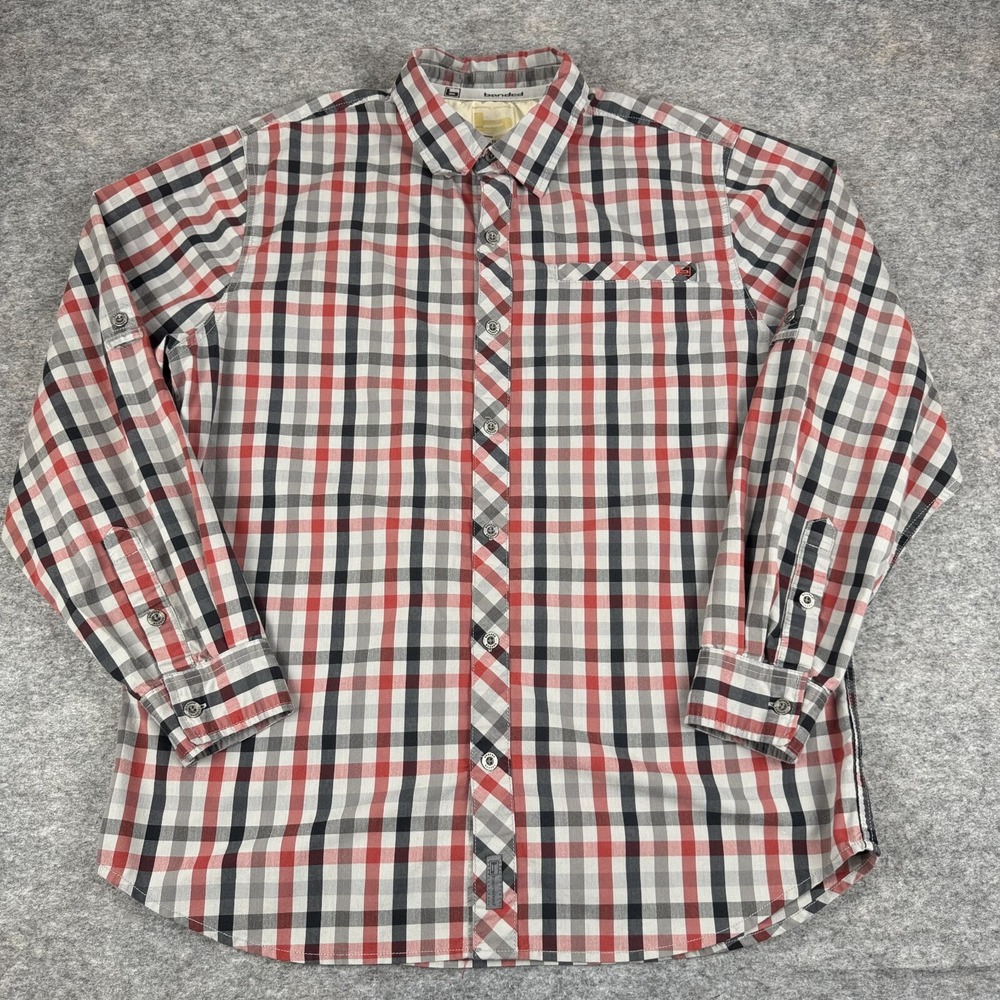 Banded Button Up Shirt Long Sleeve Plaid Check Mens Large L
